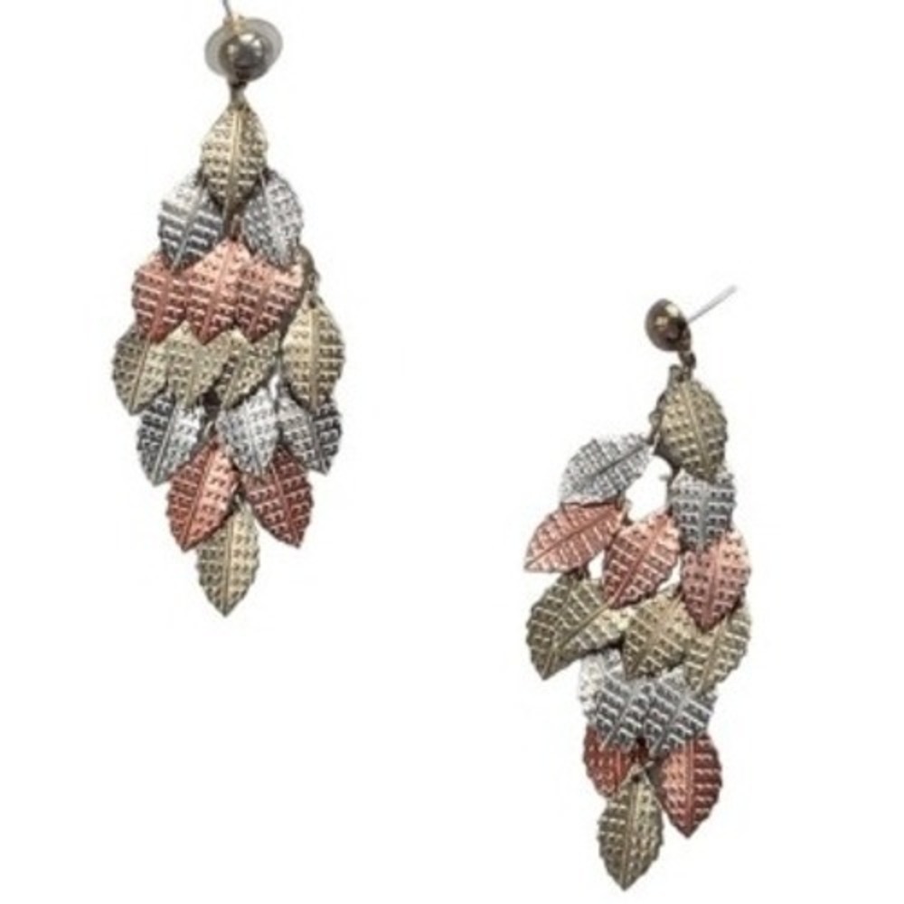 Leaf Chandelier Earrings Tricolor‎ Excellent Boho Vintage 3"